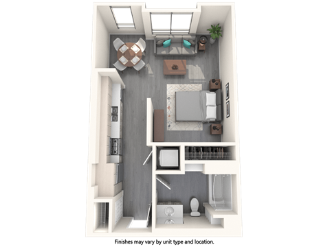 Floor plan for studio, 1 bath, 596 sqft